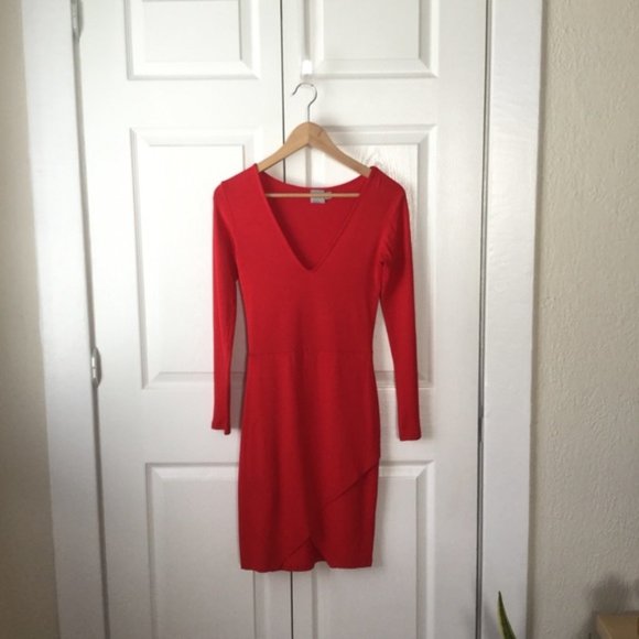 ASOS Red Long Sleeve Bodycon V-neck Mini Dress - Picture 1 of 5